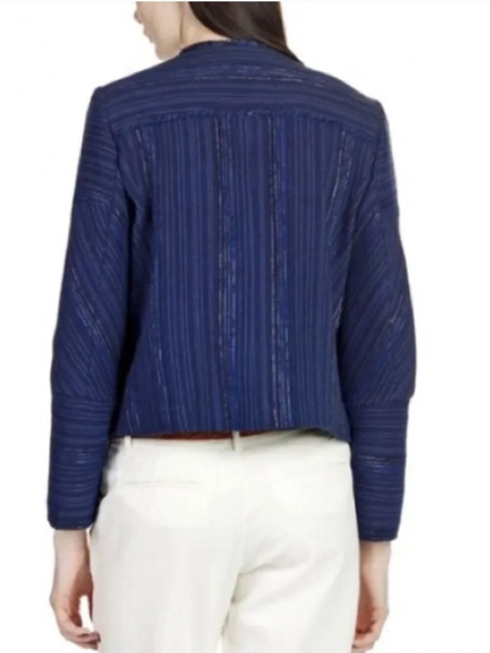Sandro Blazer 38  Egyptien Blue Blucy Asymmetrical Tweed Fringe Crop Jacket Blue - Picture 3 of 16